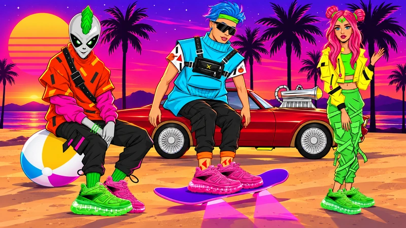 SHOES 53045 — персонажи и неоновые кроссовки на Venice Beach